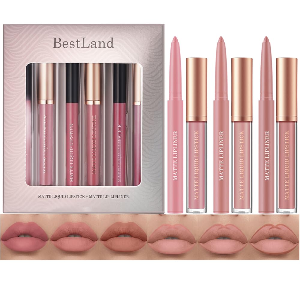 BestLand 12Pcs Matte Liquid Lipstick + Lip Liner Pens Set, One Step Lips Makeup Sets Pigment Velvety Nude Lip Stain Waterproof Long Wear Lip Gloss Make up Gift Set (Set B)