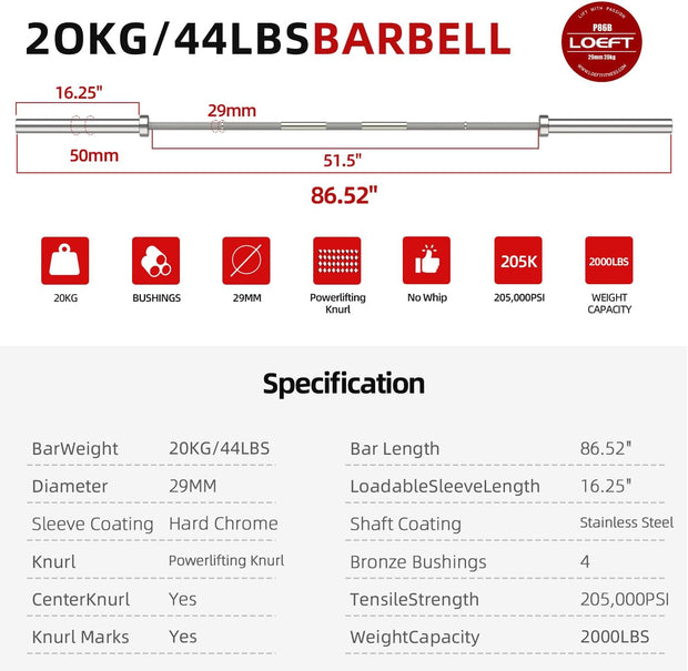 Professional Powerlifting Barbell, 7ft 20KG 29MM Olympic Powerlifting Barbell with Aggressive Knurling, 2000 lbs Capacity 205K PSI Weight Bar Fit 2" Plates for Bench, Squat, and Deadlift