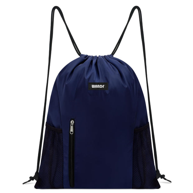 WANDF Drawstring Backpack Sports Gym Sackpack with Mesh Pockets Water Resistant String Bag for Women Men(Black)