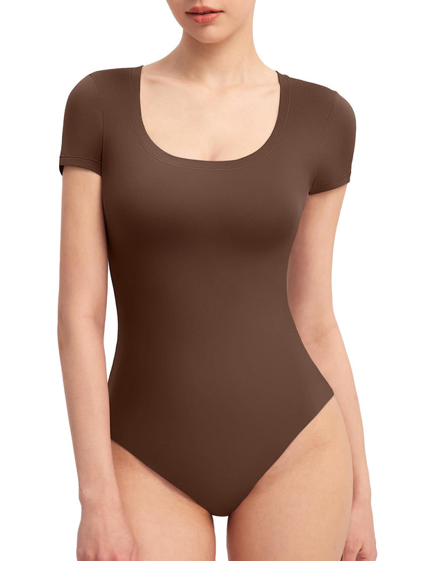 PUMIEY Women's Scoop Neck Short Sleeve Bodysuit Slimming Fit Body suit Top Smoke Cloud Pro Collection