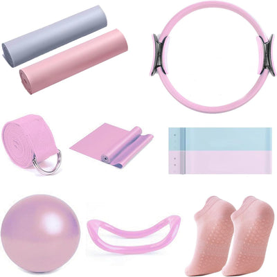 Pilates Ring Circle Set 10 pcs Pilates Equipment Accessories for Home Workouts 9.8” Pilates Ball 12” Magic Circle Yoga Ring and Resistance Bands for Women Pilates Ring and Ball Set Gift (Pink)