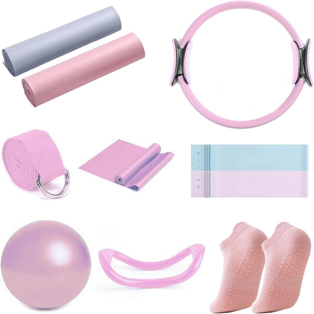 Pilates Ring Circle Set 10 pcs Pilates Equipment Accessories for Home Workouts 9.8” Pilates Ball 12” Magic Circle Yoga Ring and Resistance Bands for Women Pilates Ring and Ball Set Gift (Pink)