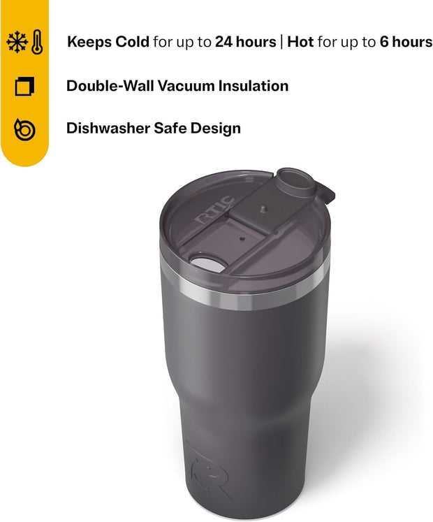 RTIC 30oz Essential Tumbler with Lid, Insulated, Stainless Steel, Metal, Double Wall Vacuum-Insulation, Ceramic Lined, Travel Cup for Iced Coffee, Tea, Hot and Cold Drink, Graphite