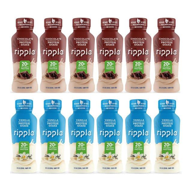 Ripple Plant Based Protein Shake Variety Pack | 20g of Quality Sourced Pea Protein, Calcium Rich | Shelf Stable | Vegan & Non GMO | Dairy, Soy, Nut, & Gluten Free | 12 Fl Oz Bottles (Pack of 12)