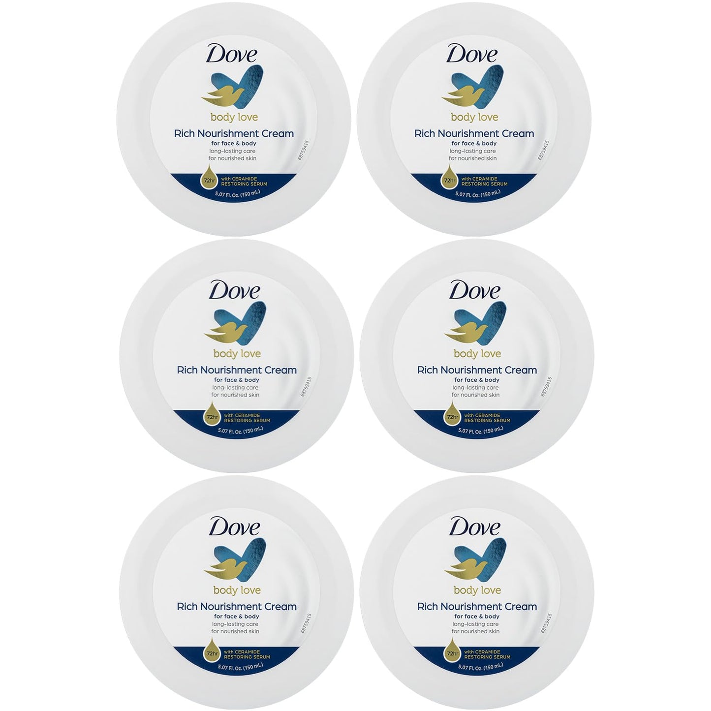 Dove Nourishing Body Care, Face, Hand, and Body Rich Nourishment Cream for Extra Dry Skin with 48-Hour Moisturization, 4-Pack, 2.53 Oz Each Jar