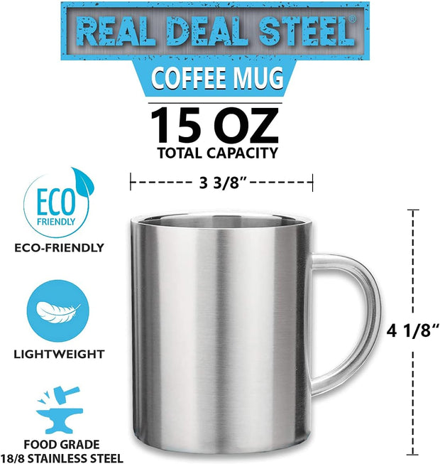 Stainless Steel Coffee Mugs – 15 oz Double Wall Stainless Steel Mugs with Handle, Metal Coffee Cups for Tea, Insulated Mug Set of 2 – BPA Free, Durable, Unbreakable Metal Coffee Mugs for Camping