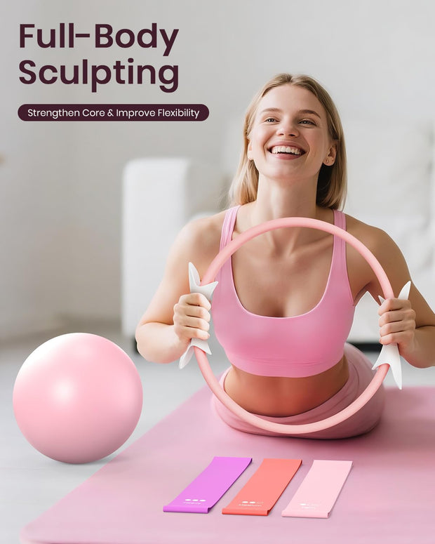 Pilates Ring Set for Women, Home Workout Pilates Equipment with Resistance Bands, 14'' Magic Circle, Mini Ball, Pilates Starter Kit for Strength, Toning and Flexibility, Workout Guide Included