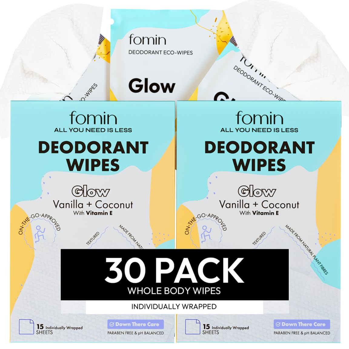 FOMIN Travel Deodorant Wipes - 30 Count - Cucumber and Aloe pH Balanced, Hypoallergenic Mini Deodorant Wipes For Women and Men - Plastic-Free, Individually Wrapped Underarm & Body Wipes