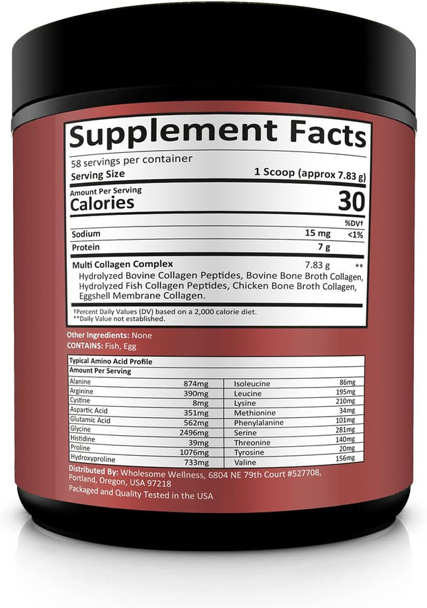 Wholesome Wellness Multi Collagen Protein Powder Hydrolyzed (Type I II III V X) Grass-Fed All-in-One Super Bone Broth + Peptides - Premium Blend of Beef, Chicken, Wild Fish, Eggshell, 58 Servings