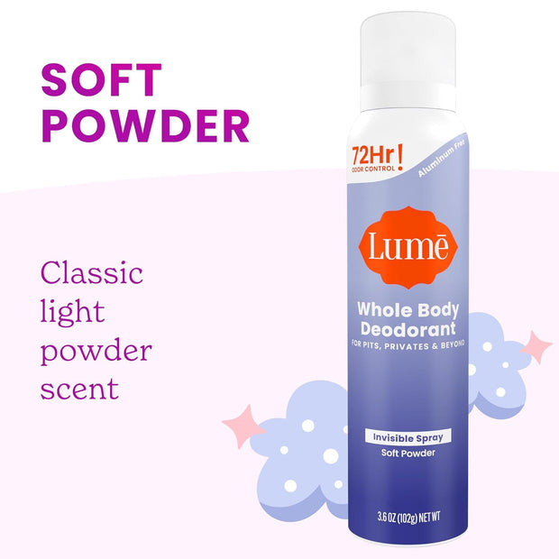 Lume Invisible Spray Deodorant For Women - Whole Body Deodorant Spray - 72 Hr Odor Control - Ozone Friendly, Natural Propellant - Aluminum & Baking Soda Free, Skin Loving - 2 pack (Soft Powder)