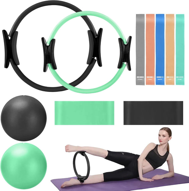 TOPZGLEEY Pilates Ring and Ball Set with Resistance Bands - Pilates Equipment for Home Workout - 14'' & 12'' Pilates Rings, 2 Pilates Balls, 5 Resistance Bands,Guide