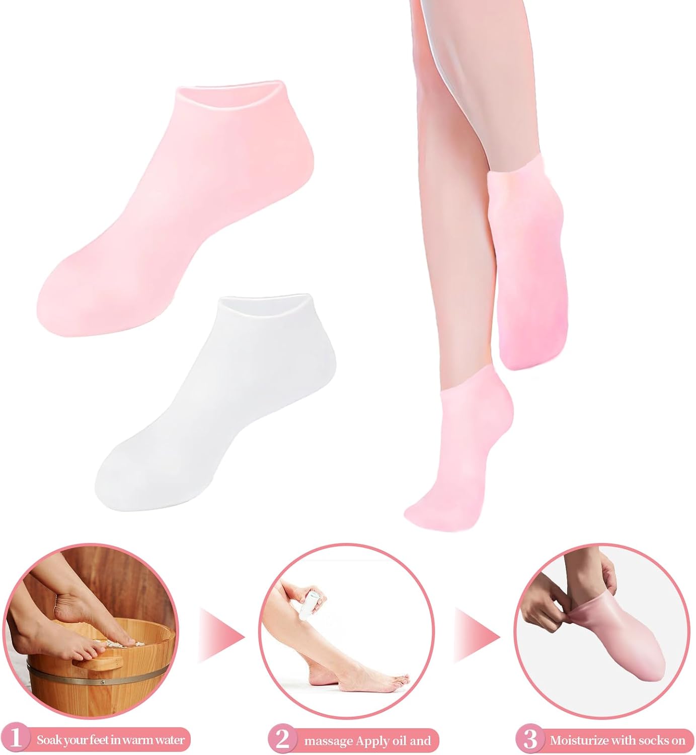 2 Pairs Silicone Socks for Women - Soft Gel Aloe Moisturizing Socks for Women's Spa Pedicure, Repairing Dry Feet, Cracked Heels and Softening Rough Skin - Pink & White