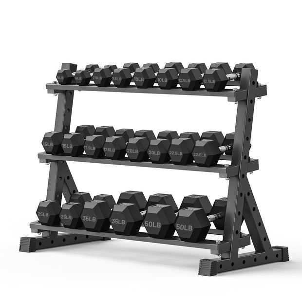 PAPABABE Hex Dumbbell Set with Rack, Rubber Encased Free Weight with Weight Storage Racks, Multiple Weight Options for Home Gym and Fitness