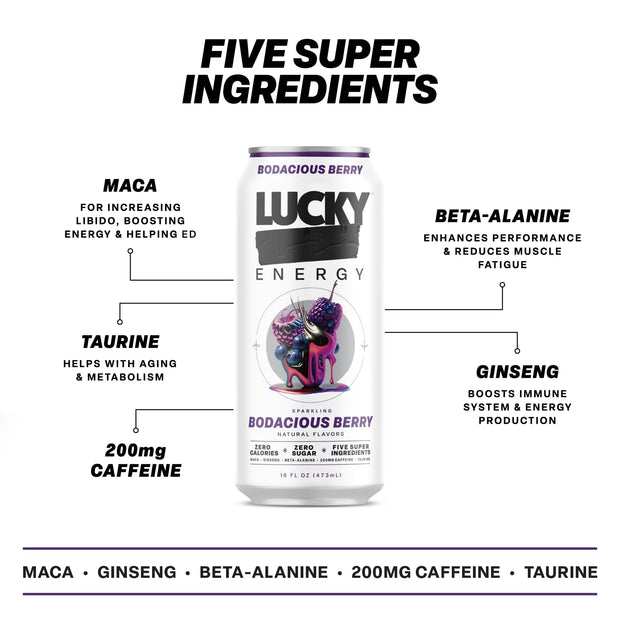 Lucky Energy Sugar Free Energy Drinks 16 Fl Oz Cans (Pack of 10) Healthy Energy Drink Variety Pack with Maca, Ginseng, Taurine, Beta-Alanine, 200mg Caffeine (Packaging may vary).