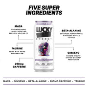 Lucky Energy Sugar Free Energy Drinks 16 Fl Oz Cans (12-Pack) Healthy Energy Drink. Bodacious Berry with Maca, Ginseng, Taurine, Beta-Alanine, 200mg Caffeine