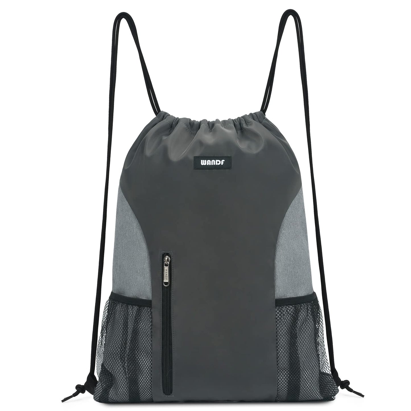 WANDF Drawstring Backpack Sports Gym Sackpack with Mesh Pockets Water Resistant String Bag for Women Men(Black)