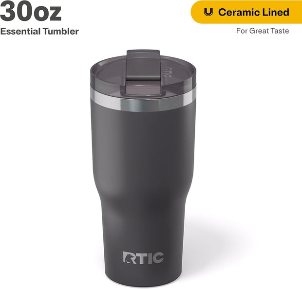 RTIC 30oz Essential Tumbler with Lid, Insulated, Stainless Steel, Metal, Double Wall Vacuum-Insulation, Ceramic Lined, Travel Cup for Iced Coffee, Tea, Hot and Cold Drink, Graphite