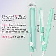 Mini Dual Purpose Curling Iron, 2 in 1 Mini Curling Wand & Flat Iron Hair Straightener, Portable Travel Curling Wand, Small Curling Iron for Women Short Hair, Hair Straightener (Green)