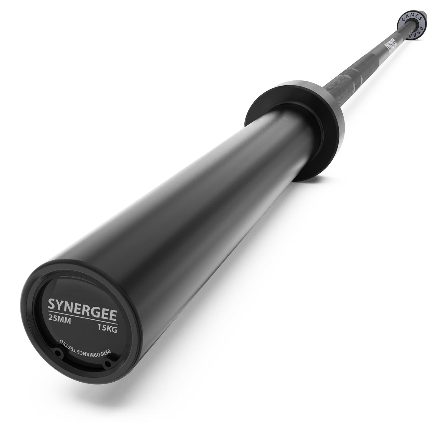 Synergee Games 15kg and 20kg Colored Ceramic Coated Barbells. Rated 1500lbs for Weightlifting and Powerlifting. Black, Red, Grey, Pink