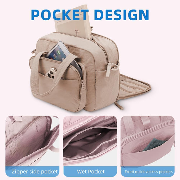 mini gym bag for women, travel duffel bag with wet pockets and Shoe Compartment,Lightweight carry on weekender duffel, water resistant,for sports,yoga,dance,khaki