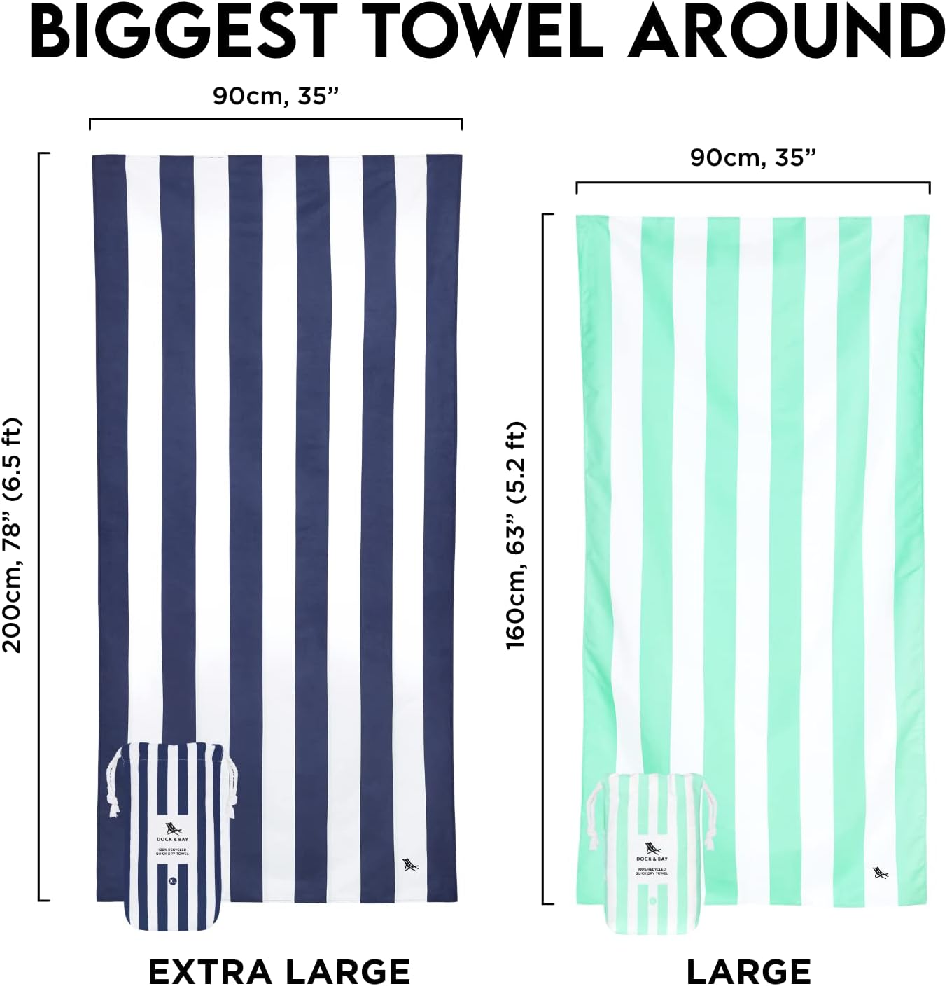 Dock & Bay Beach Towel - Quick Dry, Sand Free - Compact, Lightweight - 100% Recycled - Includes Bag - Cabana - Bondi Blue - Large (160x90cm, 63x35)