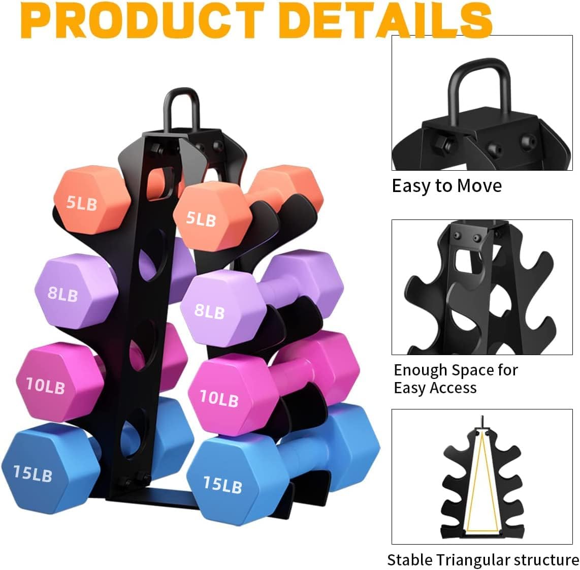 Dumbbell Rack Stand Only(No Dumbbells Rack Only), Weight Rack for Dumbbells 5-15LB, Upgraded Handle, Compact A-Frame Weight Rack, Suitable for Home Gym