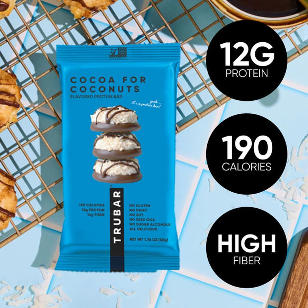 TRUBAR Vegan Protein Bar, Cocoa For Coconuts, Gluten Free, Plant Based Protein, Dairy Free, Non GMO, Soy Free, No Sugar Alcohols, 12G Protein, 12G Fiber, 23G Carb, On the Go Snack Bars, 12ct