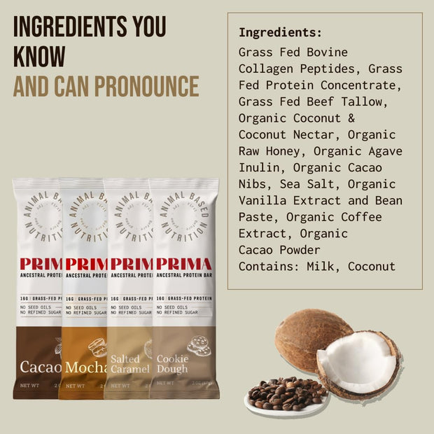 PRIMA ANCESTRAL PROTEIN BAR Grass Fed Protein Bars, 7 Pack – Animal-Based Protein Bar with Beef Tallow, Raw Honey, Seed Oil Free, Low Carb, Gluten-Free – Healthy, Energy Snacks for Clean Lifestyle (7 Pack, Variety Pack)