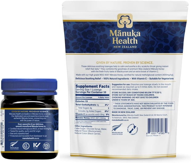 Manuka Health, Manuka Honey MGO 400+ Raw Manuka Honey 8.8 oz., Jar and Manuka Honey Lozenges MGO 400+, 8.8 oz Bag, Black Currant