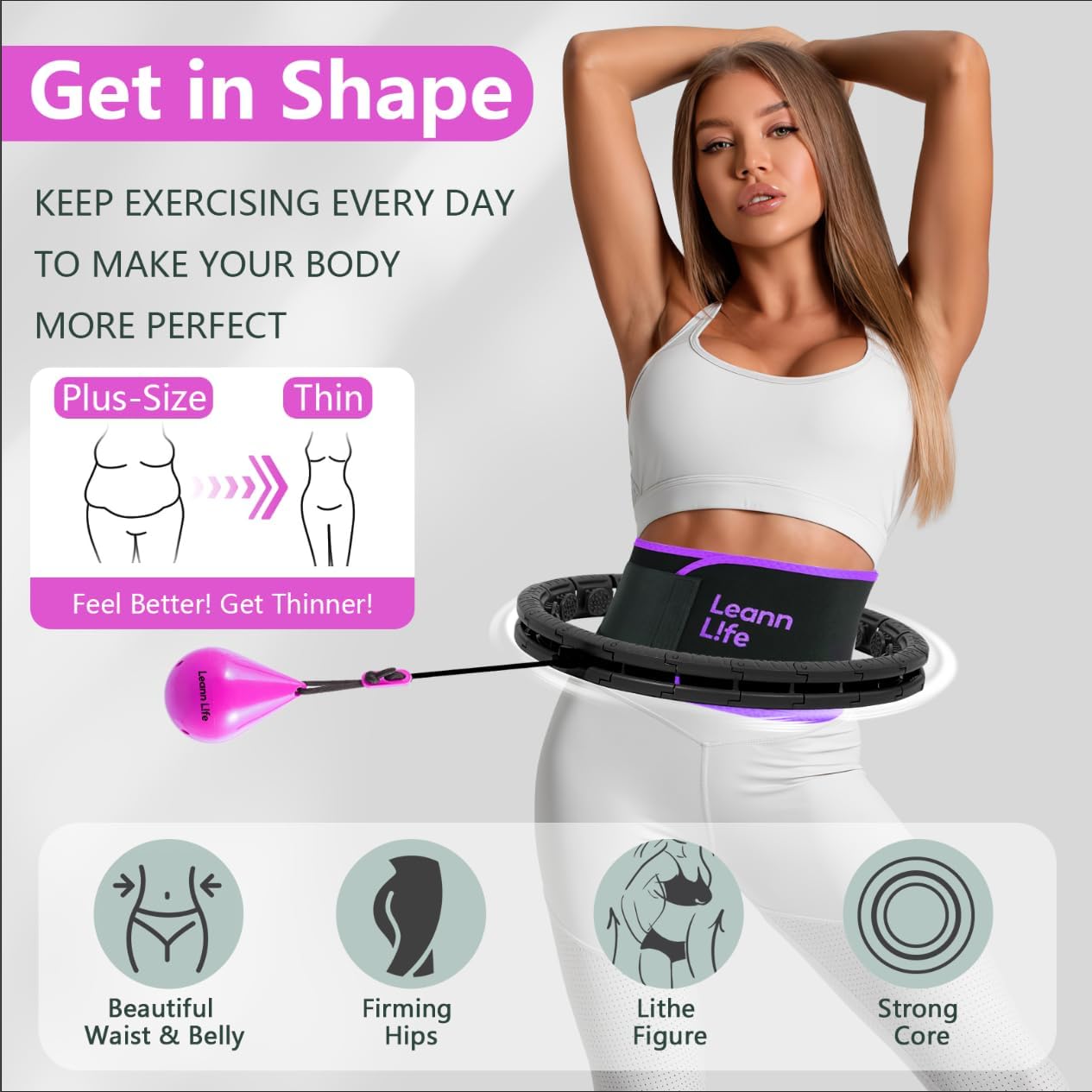 U2 Black-32 Knots 19”- 65”, Detachable & Size Adjustable Weighted Hula Hoop for Kids Adults Weight Loss, Infinity Hoop Plus Size, Abdominal Toner,5 Color Balls, Free Waist Trimmer&Wash Bag