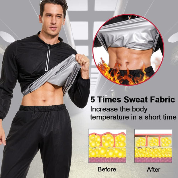 Sauna Suit for Men Sweat Jacket Sweating Shirt Long Sleeve Workout Suits Zipper Gym Exercise Fitness