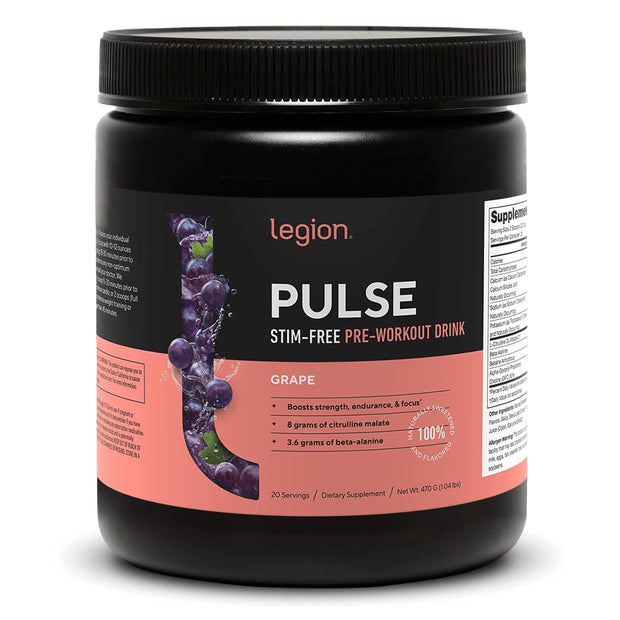 LEGION Pulse Pre Workout Supplement - All Natural Nitric Oxide Preworkout Drink to Boost Energy, Creatine Free, Naturally Sweetened, Beta Alanine, Citrulline, Alpha GPC (Caffeine Free Blue Razz)