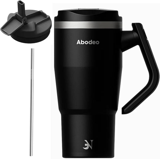 Insulated 40 oz Tumbler with Rotatable Handle, Straw & Leak Proof Lid - Stainless Steel Coffee Mug, Reusable Water Bottle Flask | Travel Coffee Tumblers - Fits Most Car Cup Holders (Black)