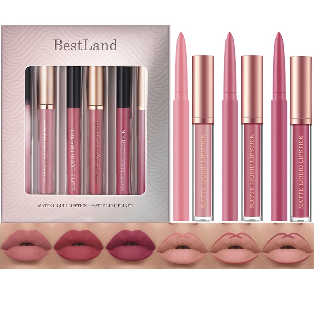 BestLand 12Pcs Matte Liquid Lipstick + Lip Liner Pens Set, One Step Lips Makeup Sets Pigment Velvety Nude Lip Stain Waterproof Long Wear Lip Gloss Make up Gift Set (Set B)
