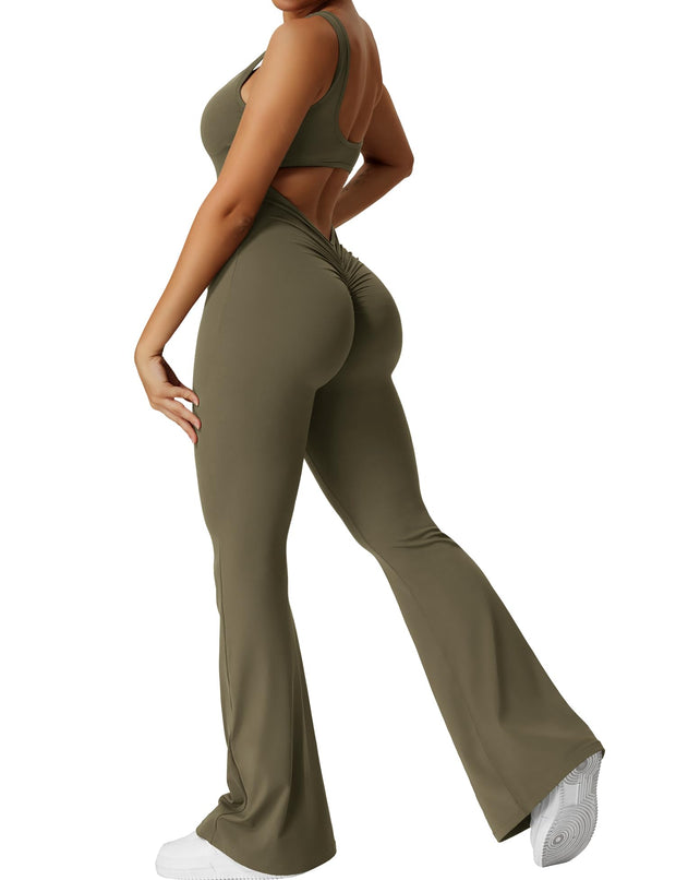 YEOREO Women Workout Scrunch Flare Jumpsuits Sexy Backless Butt Lift Gym Yoga Jumpsuits