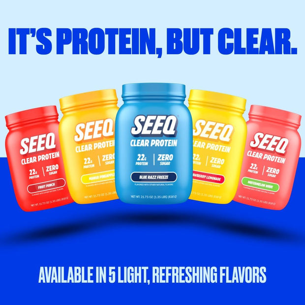 SEEQ Clear Protein Powder - Blue Razz Freeze - 22 Servings - 22g Clear Whey Protein Isolate - Zero Sugar - 0g Lactose - Allergen Friendly - GLP1 Support - Bone Health - Muscle Post Workout Recovery