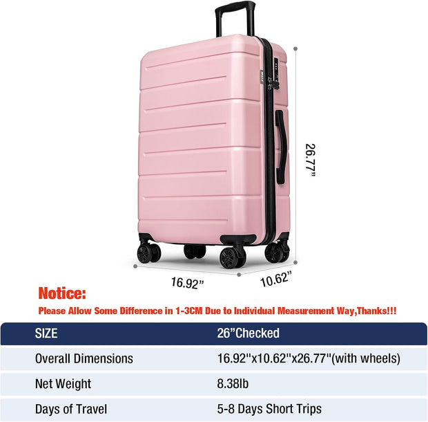 KYME 26 Inch Luggage TSA Approved Hard Shell Suitcases with Spinner Wheels Durable Medium Travel Checked Luggage with Cup Holder for Women Men Pink