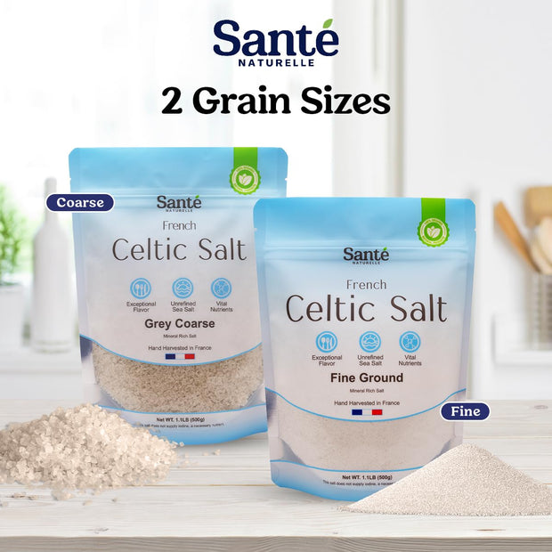 Sante Grey Coarse Sea Salt From the Celtic Sea - 1.1lb (18oz) Unrefined French Sea Salt Organic, Rich in 82+ Minerals Salt, 100% Natural & Hand Harvested Sal Celtica
