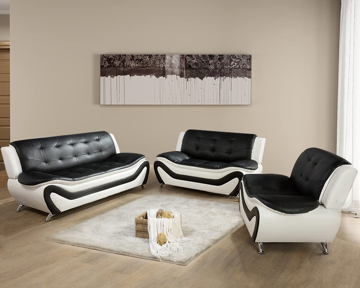 3 Piece Living Room Furniture Set, Leather Sofa Set for Living Room, Modern Couch Set with 3-Seater Sofa, Loveseat and Armchair (Black 2)