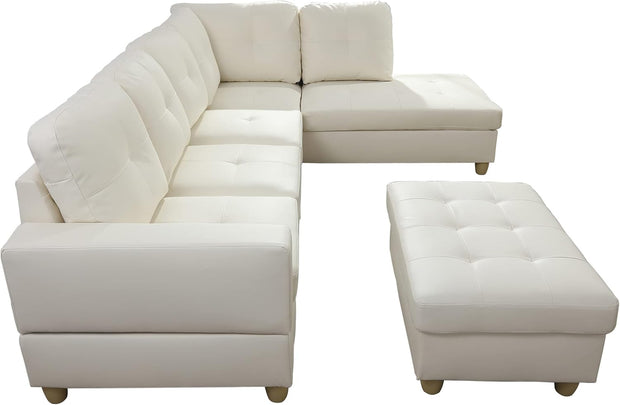 Sectional Couch 103.5" L Shaped Couch Comfy Futon Bed Upholstered Faux Leather 3 Pieces Living Room Furniture Sets with Ottoman and High Density Sponges for Living Room, White