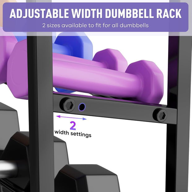 WUC Dumbbell Rack, Adjustable Weight Rack for Home Gym Storage for Dumbbells Kettlebells Yoga Mat & Balls, All in One Workout Equipment Storage Rack with Wheels, Powder Coated Steel, Black
