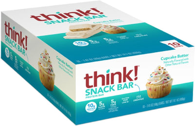 think! Protein Bars with Chicory Root for Fiber, Digestive Support, Gluten Free with Whey Protein Isolate, Cupcake Batter, Snack Bars without Artificial Sweeteners, 1.4 Oz (10 Count)