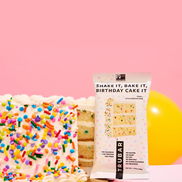 TRUBAR Vegan Protein Bar, Shake it Bake it Birthday Cake it, Gluten Free, Plant Based Protein, Dairy Free, Non GMO, Soy Free, No Sugar Alcohols, 12G Protein, 12G Fiber, 23G Carb, On the Go Snack Bars, 12 ct