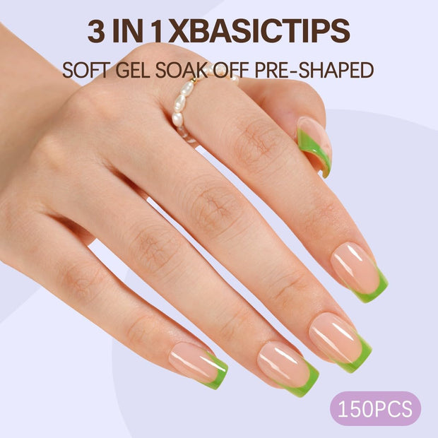 Misssix XBASICTIPS French Tip Press On Nails, 150 Pcs Short Square French Gel Nail Tips, Soft Gel Pre-shaped No File Need Fake Nails for Nail Art DIY Extension Designs, 15 Sizes