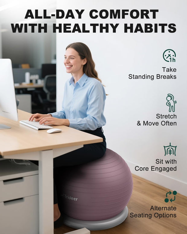 Trideer Exercise Yoga Ball Chair with Base for Home Office Desk, Stability & Fitness Ball Seat to Relieve Back Pain, Home Gym Workout for Abs, Pregnancy Ball with Pump