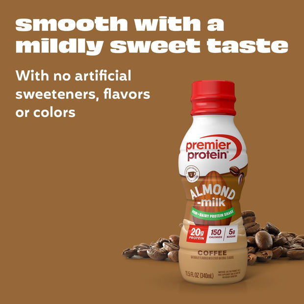 Premier Protein Almondmilk Non-Dairy Protein Shake, 20g Protein, 5g Sugar, 11.5 Fl oz, Coffee, 12 Count