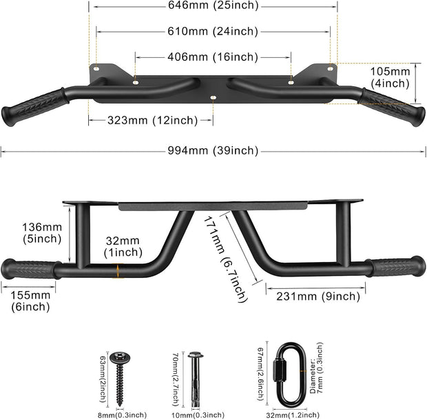 Kipika Pull Up Bar for Doorway Wall Mounted Multi-Grip Strength Bar with Resistance Band Hooks | Heavy-Duty Multifunctional Chin Up Bar for Home Gym Workout | 39-Inch Wide 600 Lbs Capacity