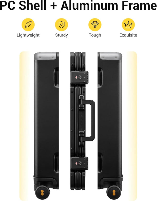 LEVEL8 Zipperless Checked Luggage with Aluminum Frame, Upgraded Medium Hardside Suitcase with Spinner Wheels, Metal Travel Luggage with Double Tsa Locks, 24 Inch, Black