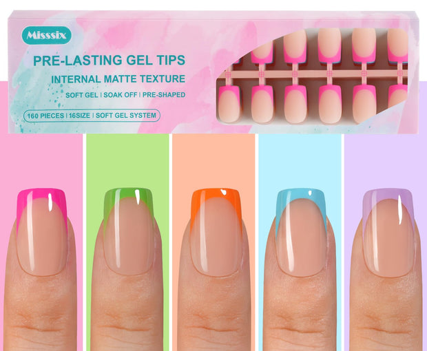Misssix French Gel Nail Tips, 150Pcs French Tip Press on Nails Long Square Design, No Need to File Tips Pre-lasting, Fake Nails for Nail Art DIY 15 Sizes