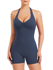 YEOREO Women Halter Workout Jumpsuits One Piece Backless Bodycon Bodysuits Hidden Scrunch V Back Yoga Joceline Short Romper